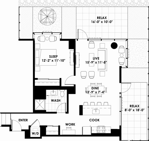 Floor plan for 1 bed, 1 bath, 915 sqft